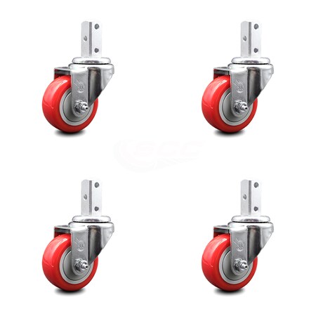 Service Caster 3 Inch Red Polyurethane Wheel Swivel 7/8 Inch Square Stem Caster Set SCC SCC-SQ20S314-PPUB-RED-78-4